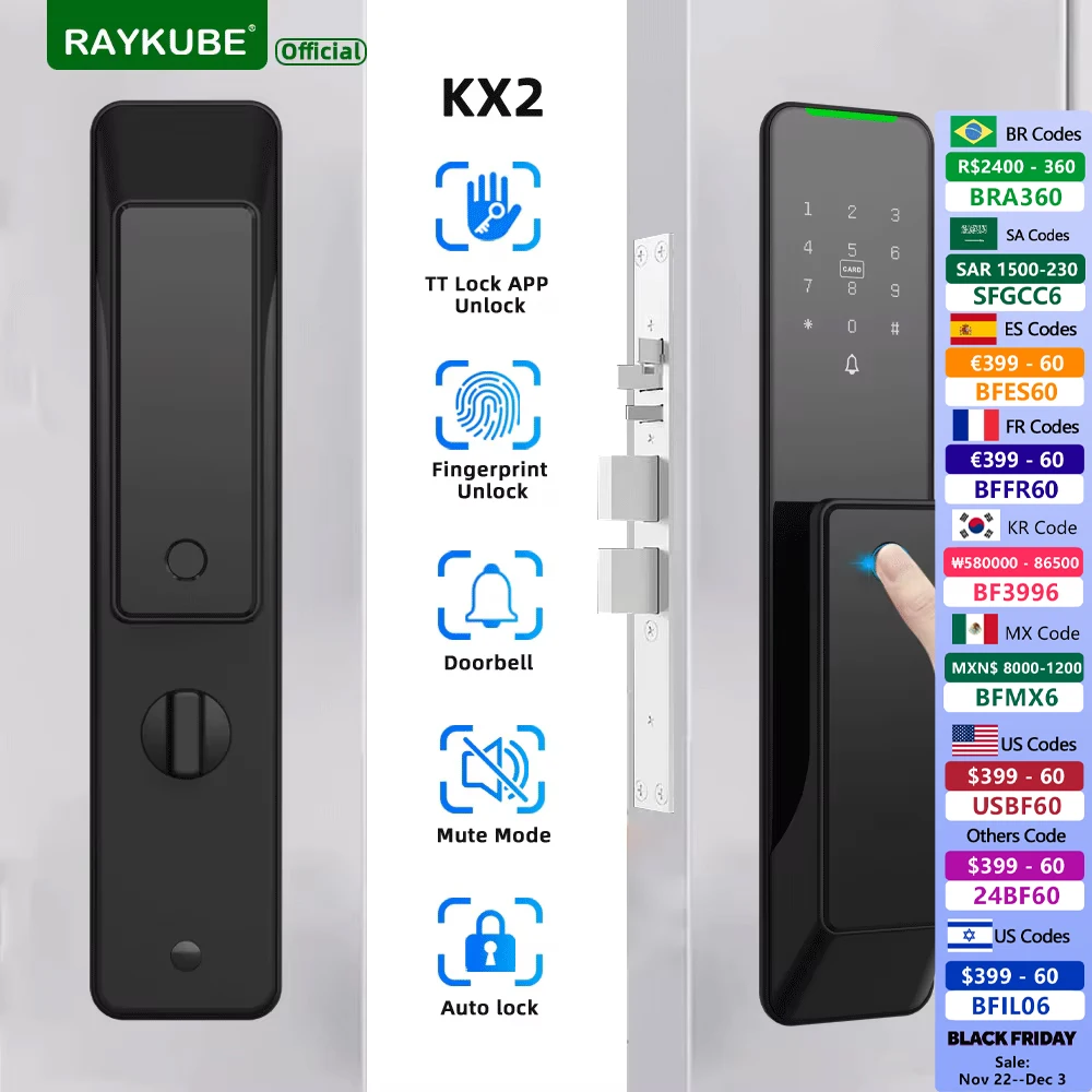 NEW RAYKUBE KX2 TT Lock Bluetooth Electronic Smart Door Lock With Biometric Fingerprint APP Remote Control NFC Key Unlock