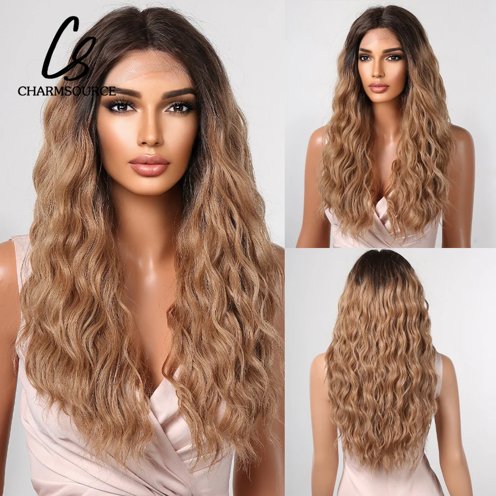 

CharmSource Synthetic Lace Wig Brown Ombre Lace Front Wigs Long Curly Wavy with Dark Root Wigs for Women Daily Cosplay