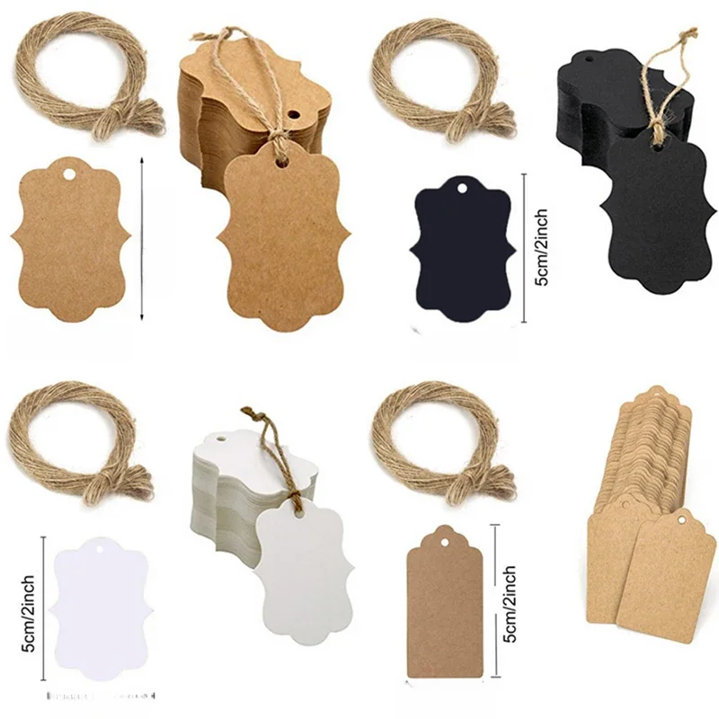 Étiquettes d'emballage en papier Kraft marron/noir/blanc, 5x3cm, 100 pièces, étiquette de pétoncle pour bricolage, étiquette de décoration pour cadeau de mariage