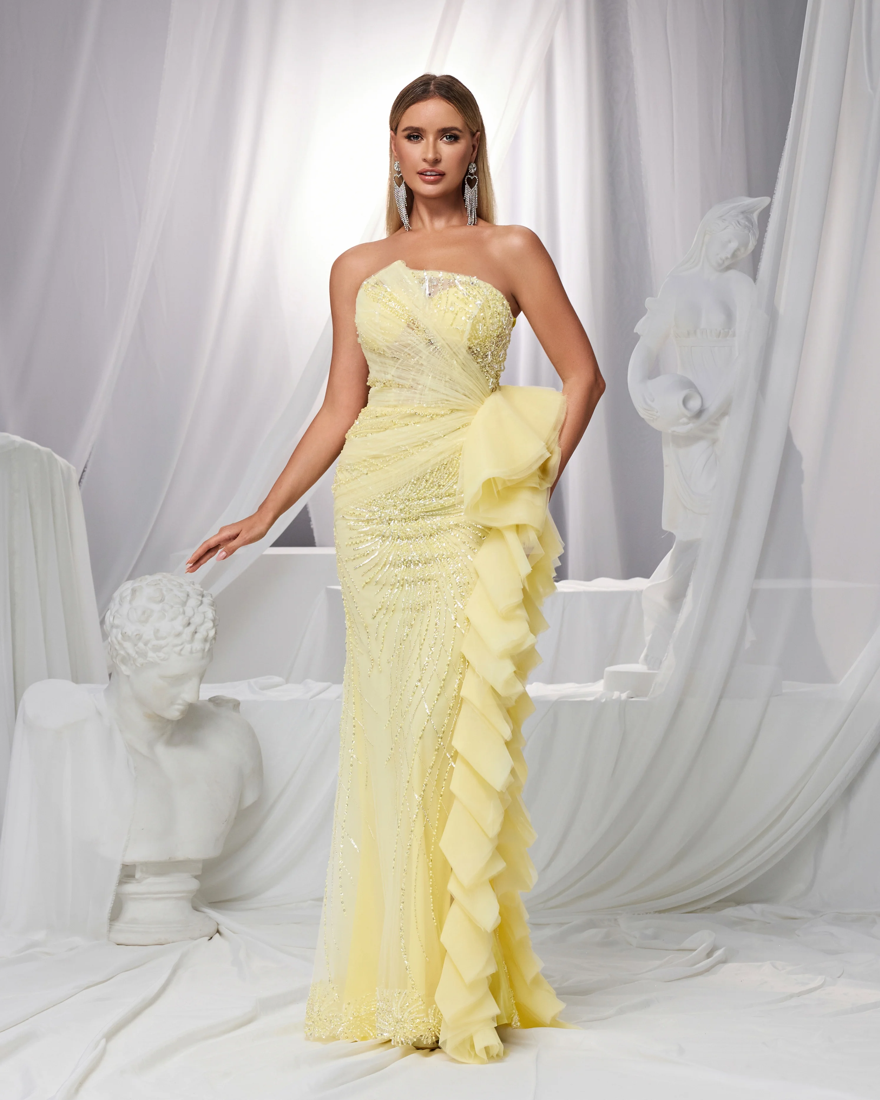 شاليمار تشانغ فساتين السهرة الصفراء للسيدات مع الماس اليدوية كيب كم حورية البحر فستان سهرة فاخر حسب الطلب