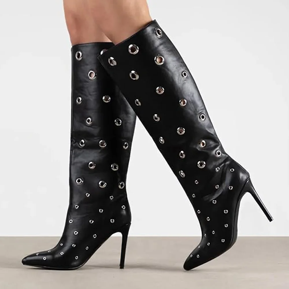 Sexy Stiletto High Heel Rivet Knee High Boots Fashion Evening Pointed Toe Slip On Knee Boots