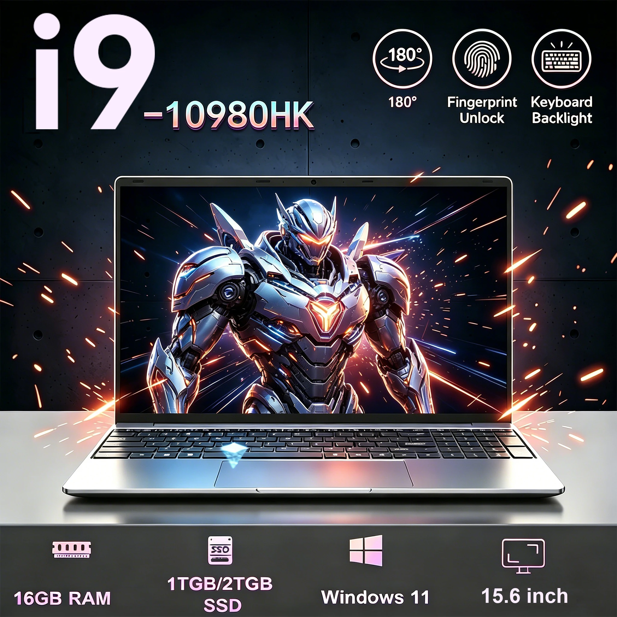 Ordinateur portable 15,6 pouces Windows 11, Intel Core i9-10980HK, 16 Go de RAM, SSD 1 To, ordinateur portable gaming, bureau, études, usage domestique, rétroéclairage, lecteur d'empreintes digitales