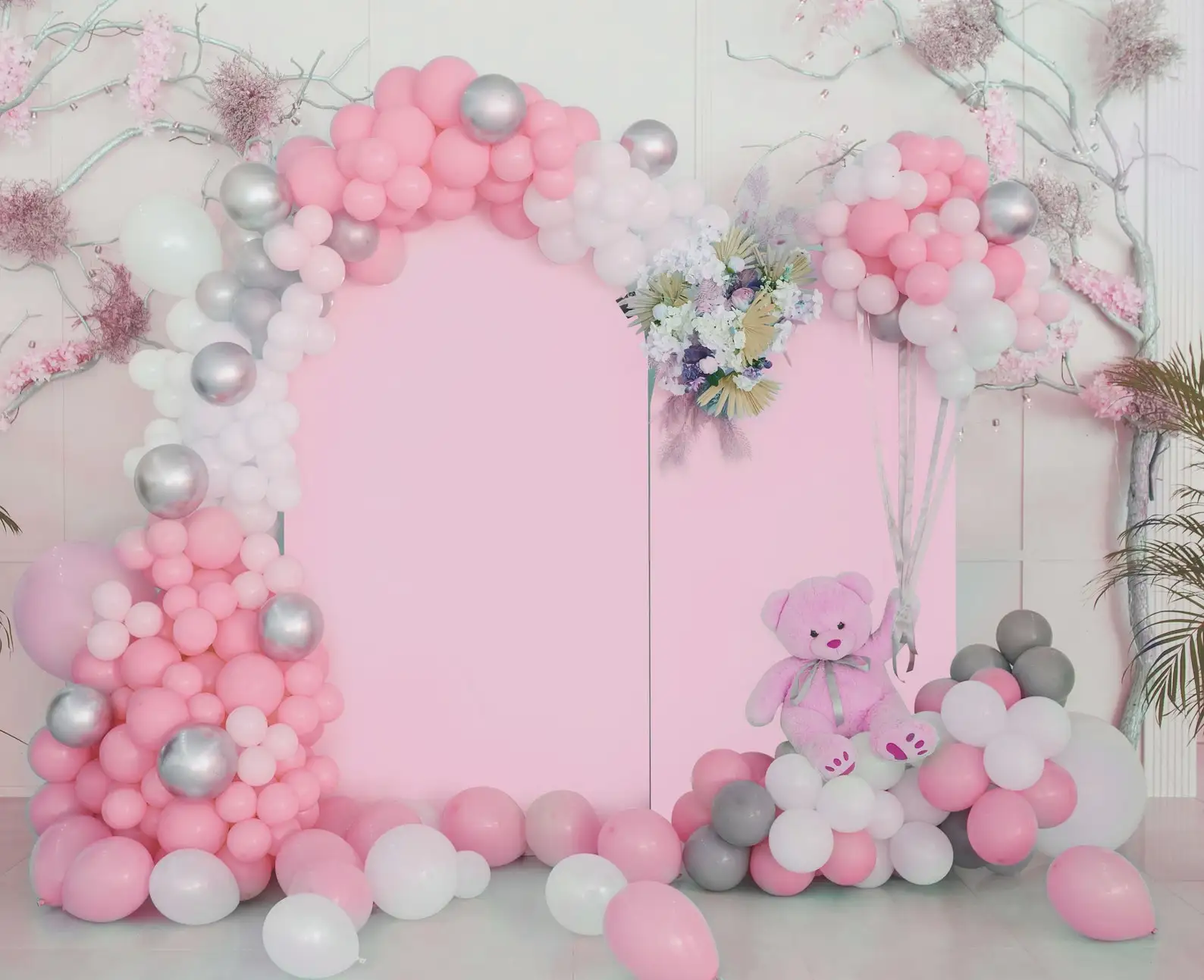 خلفية قوس على الوجهين خلفية كيارا بيضاء عادي قماش مقوس عاري يغطي الوردي خلفية زفاف عيد ميلاد استحمام الطفل