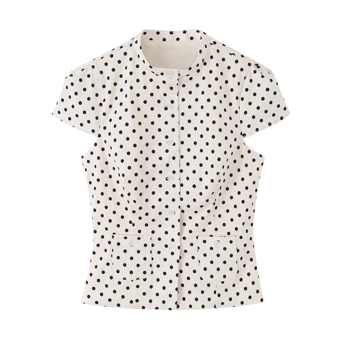 Women Polka Dot Blouse Stand Collar Button Up Shirt Elegant Pocket Short Sleeve Blouses French Vintage Old Money Office To