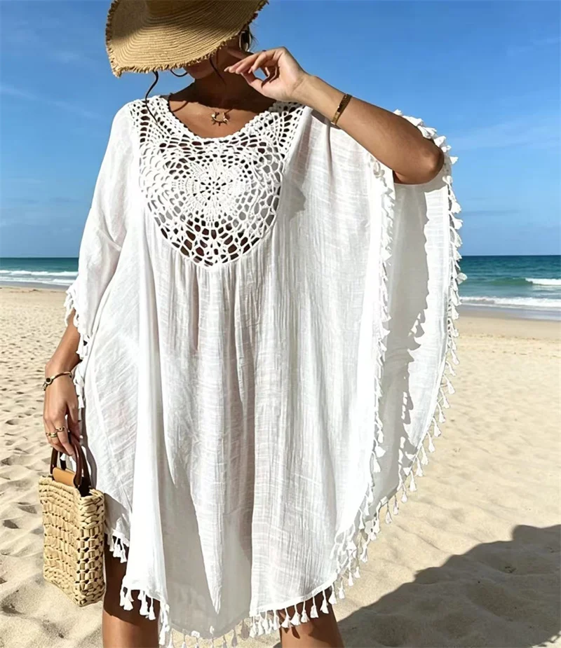 Sexy Fransen-Strickkleid für Damen, Boho-Strand-Badeanzug, Häkel-Bikini-Cover-Up mit Quasten, weibliche Badebekleidung, Sonnenschutz-Bluse, Blusa