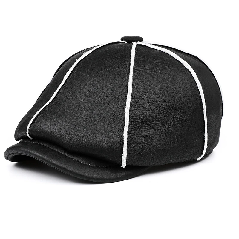 

New Men Cap Leather Newsboy Cap Genuine Leather Winter Warm Gatsby Flat Hat For Men Brown Black Outdoor Retro Male Berets BLM424