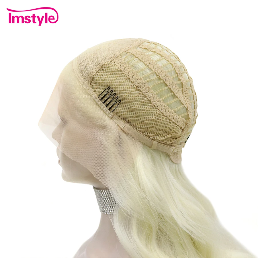 Imstyle-Peluca de encaje Rubio para mujer, pelo largo sintético con malla frontal, platino, ondulado, fibra resistente al calor, para Cosplay diario