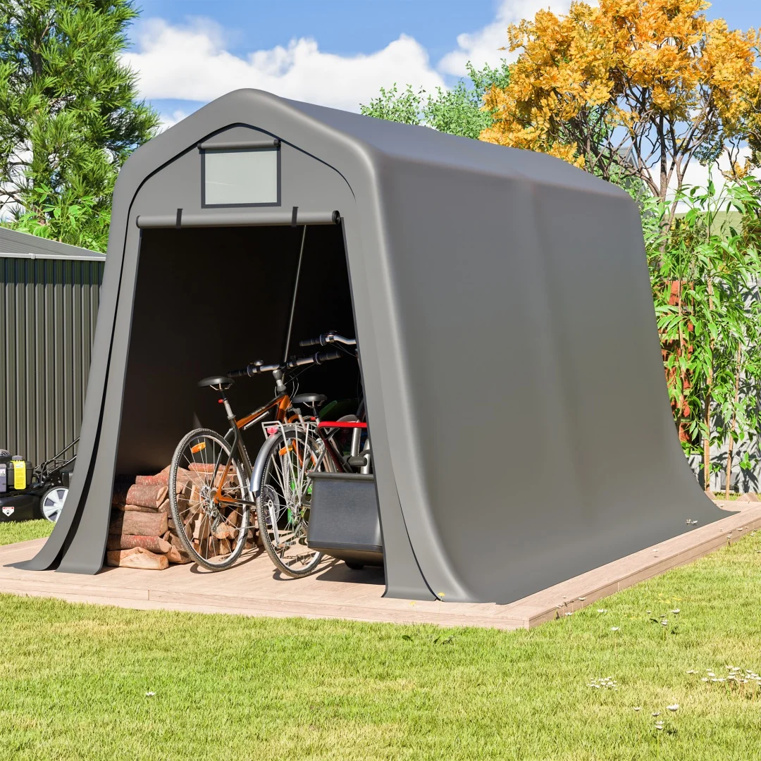 245×183×217cm grijze PE-opslagberging, waterdichte winddichte fietsschuur carport met rolgordijnen, eenvoudige montage