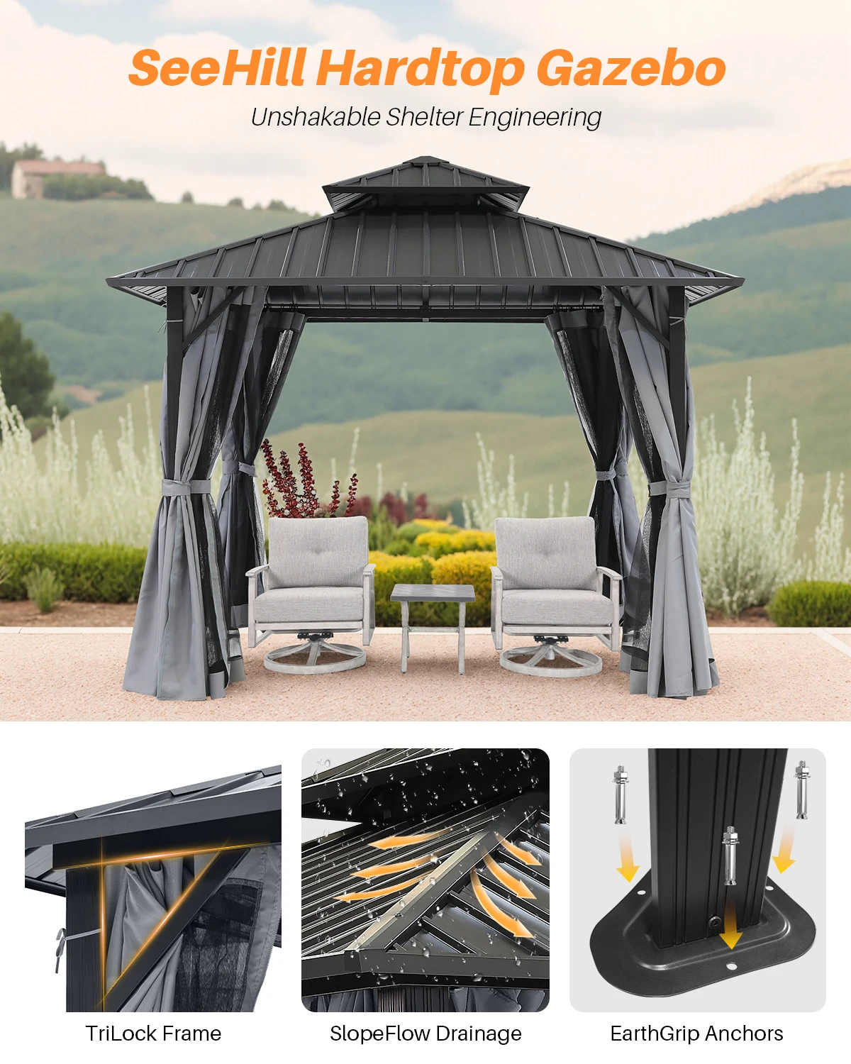 شرفة شرفة SeeHill بإطار من الألومنيوم مقاس 10 × 10 بوصات، وعريشة فناء خارجية مع أسطح فولاذية مزدوجة وستائر وشبكة #4