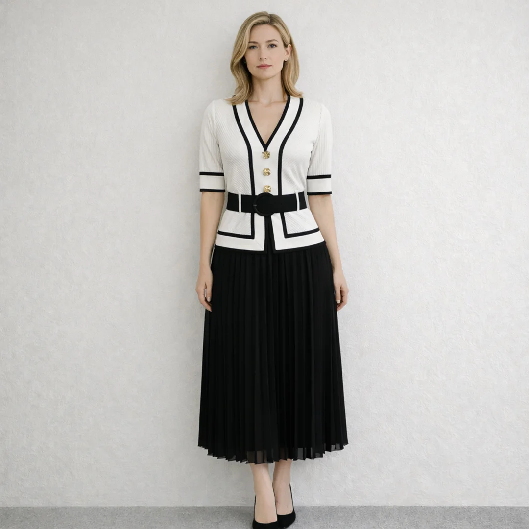 Summer 2025 Women's New White Black Contrast V-Neck Ruched Top Pleated Half-Length Skirt Dress Elegant Casual Maxi Gown