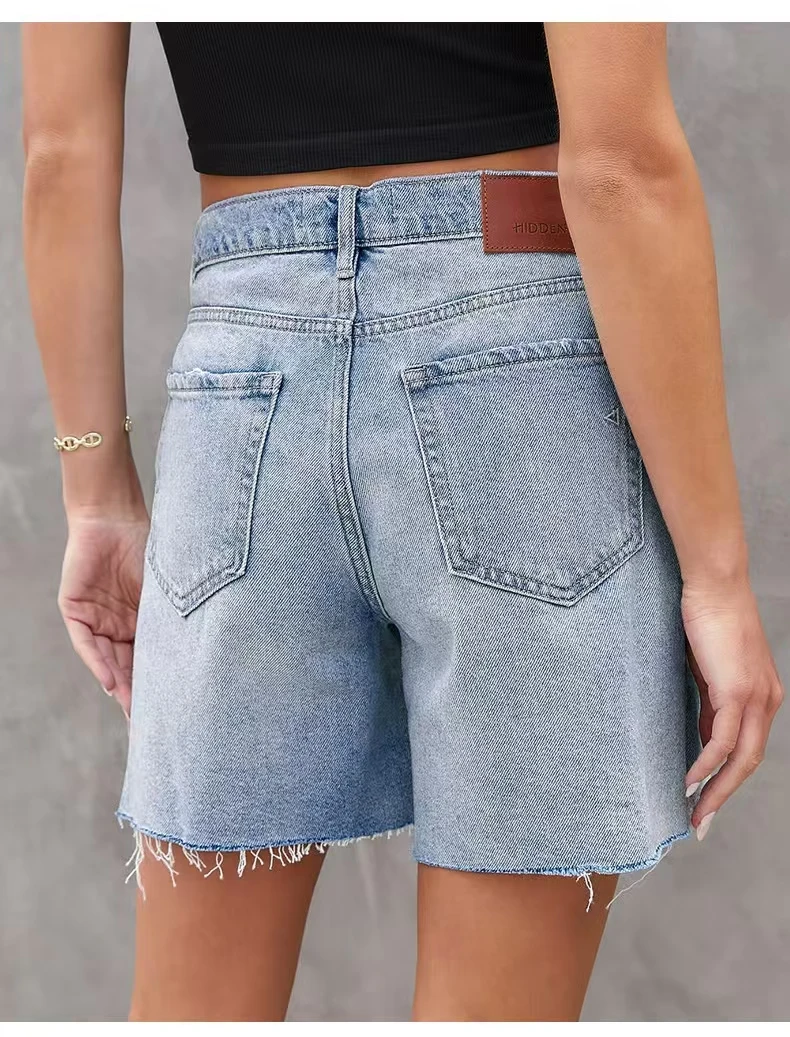 Summer High Elasticity Tear Shorts Street Trend Slit Denim Jeans Breathable Comfortable Casual  Waist  midShort Pants