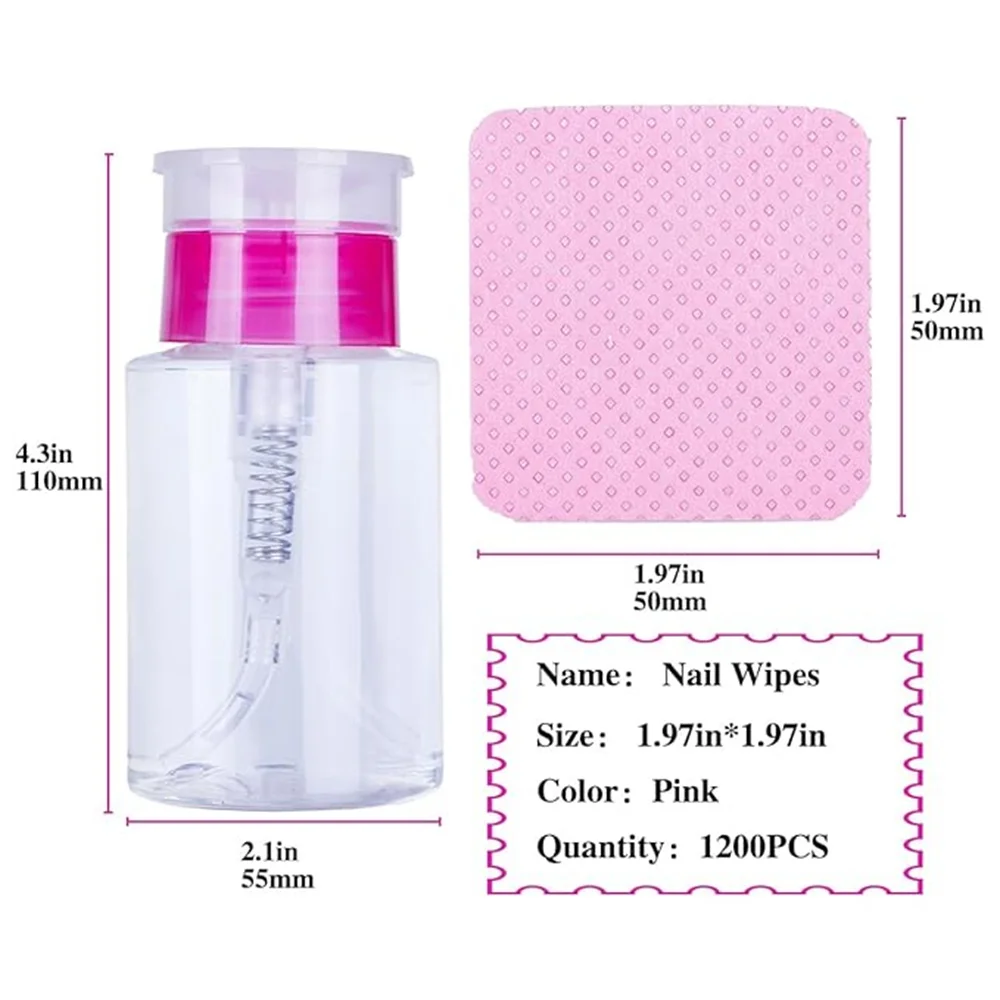 180ml Cleaner Bottle 1200Pcs Lint Free Nail Wipes Set Dispenser Bottle Super Absorbent Soft Non-Woven for Nail Polish Remover