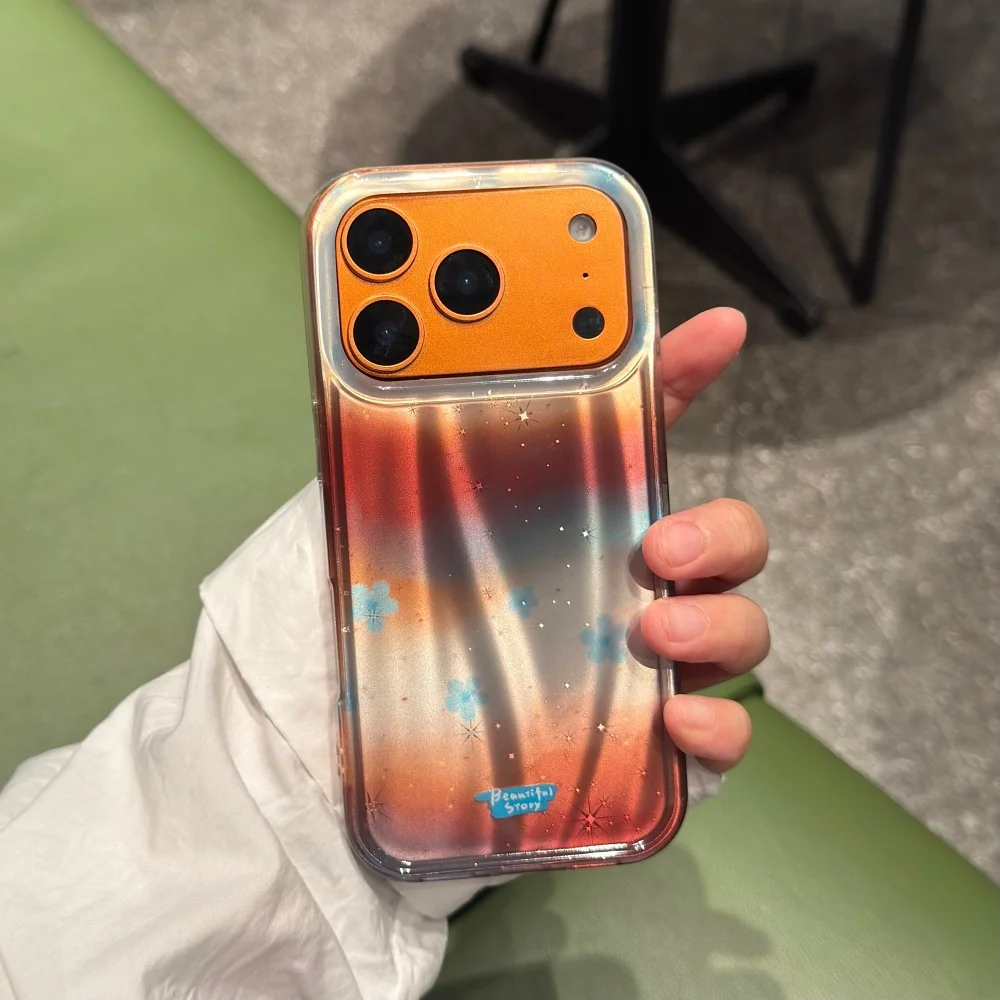 

Wave pattern smudged gradient glitter blue flower mobile case suitable for iPhone 15/14/16/17ProMax stylish new protective case