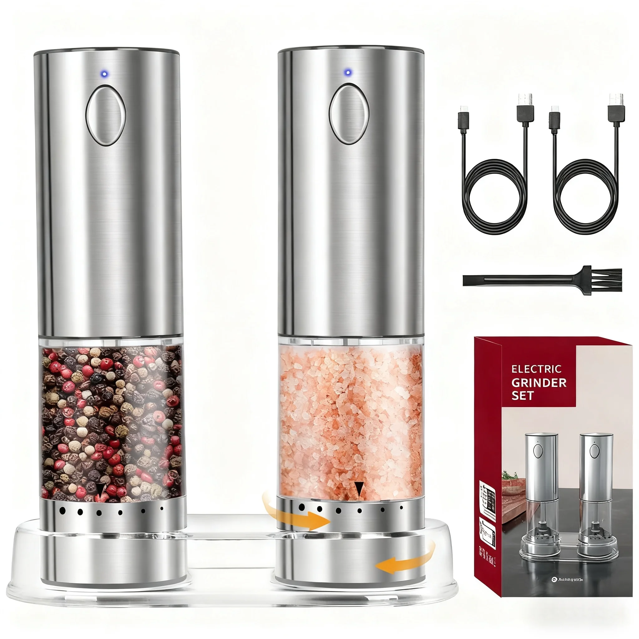 

Upgraded Large Capacity Electric Salt and Pepper Grinder Set, Rechargeable Salt and Pepper Shakers with LED Light, Stainless Ste