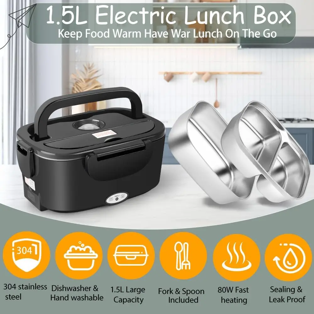 1,5L 60W Komplett Schwarze Elektrische Lunchbox, 12V 24V 110V 220V Tragbarer Speisenwärmer, Auto- und Heimgebrauch Heizbare Lunchbox