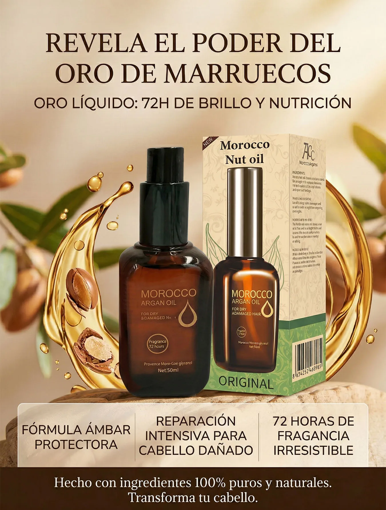Aceite de Argán de Marruecos para Cabello Seco y Dañado Reparación de Puntas y Frizz Brillo de Seda con Fragancia de 72h Suero Natural 100% Puro Oro Líquido Hidratante Capilar Profesional 50ml Melena Chula y Suave
