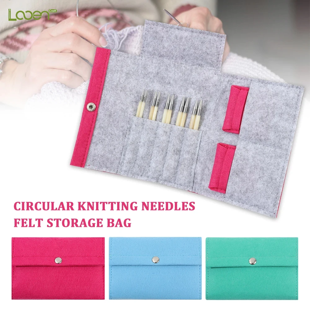 

3 pieces/set circular knitting needle storage bag with snap fastener - felt knitting tool organizer for circular needles