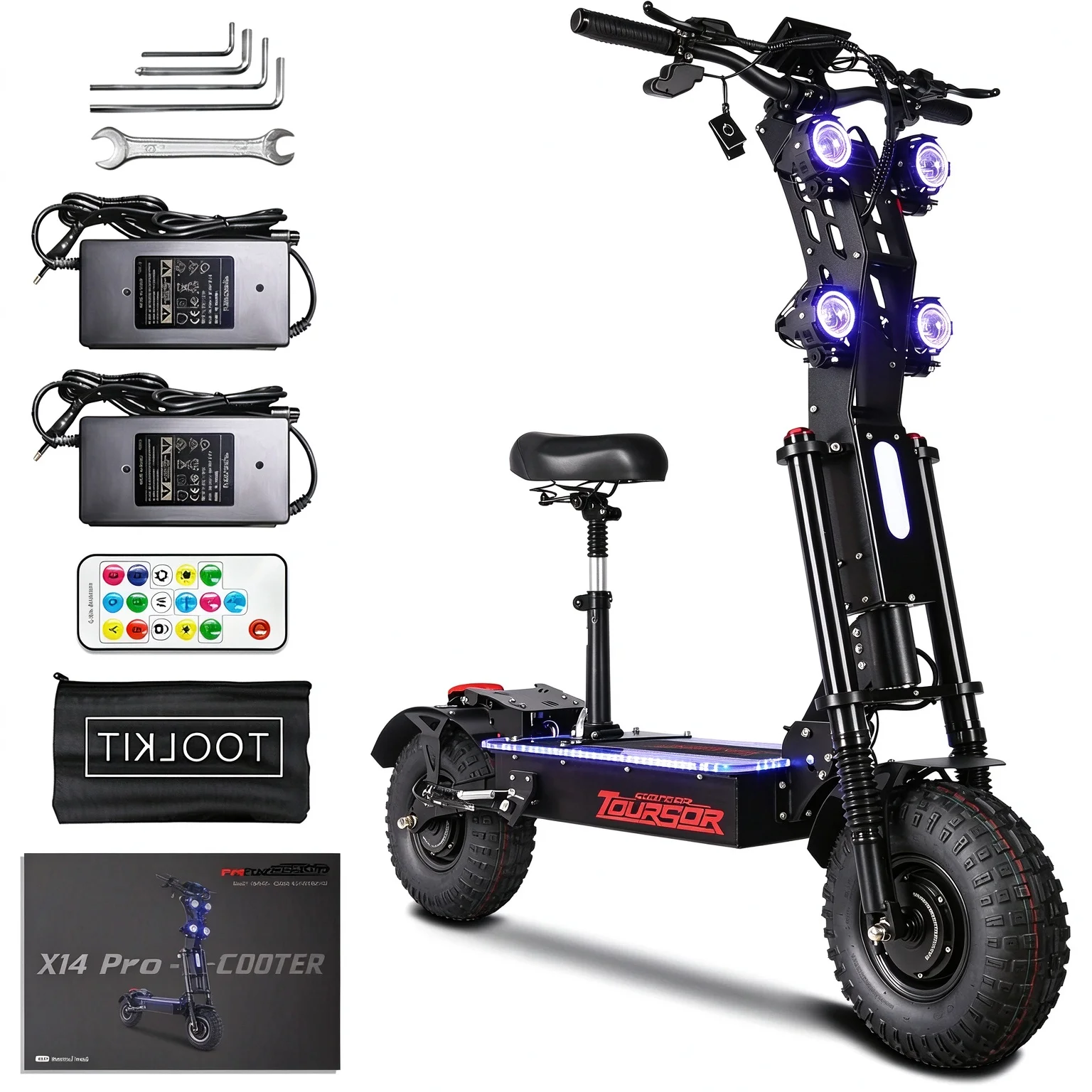 X14 72VPRO, patinete eléctrico Warrior de 75 millas para adultos: 10000W, doble par motor, 65 MPH, batería Enduro de 72V 40Ah + neumáticos