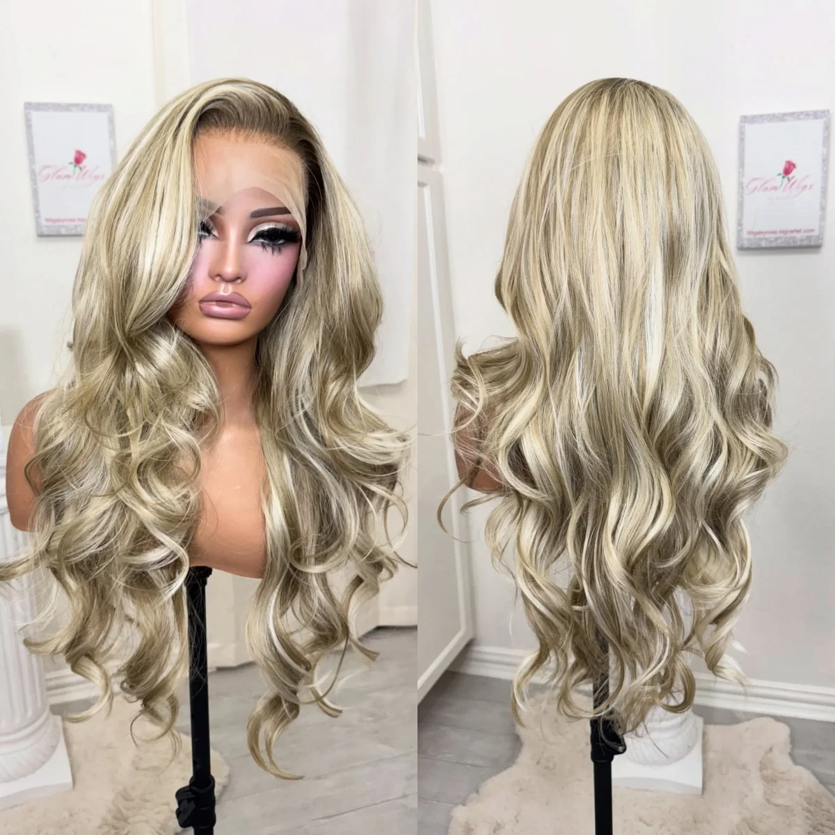 28 Inches Ash Blonde Shadow Roots Long Length 13*4HD Transparent Lace Wigs 180% Density Daily Party Glueless Wigs Synthetic Hair