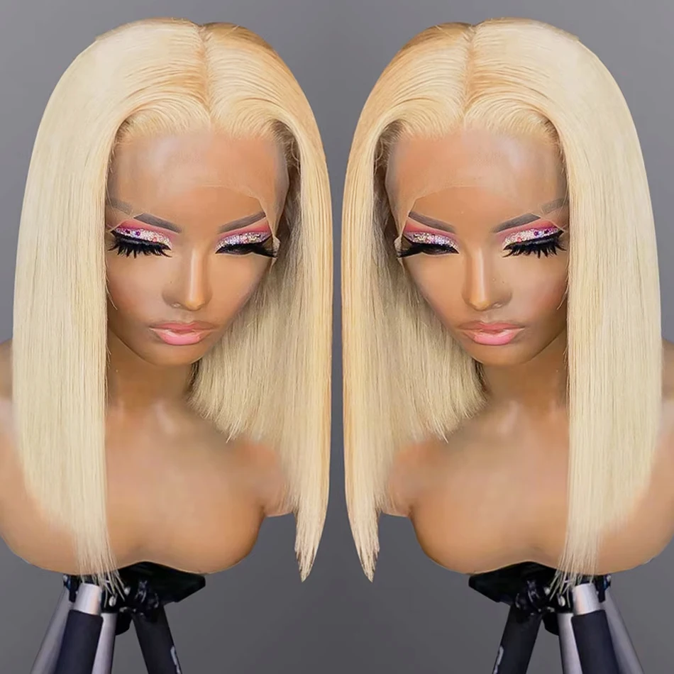 Perruque Bob Lace Front Wig Remy brésilienne naturelle, cheveux lisses, blond 613, 13x4, 100%