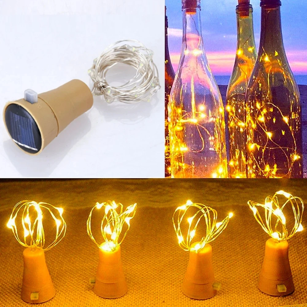 Imagem -05 - Solar Wine Bottle String Light Fio de Cobre Fairy Lights Forma de Cortiça Lâmpada de Natal Festa de Casamento Decoração do Jardim 2m 20leds