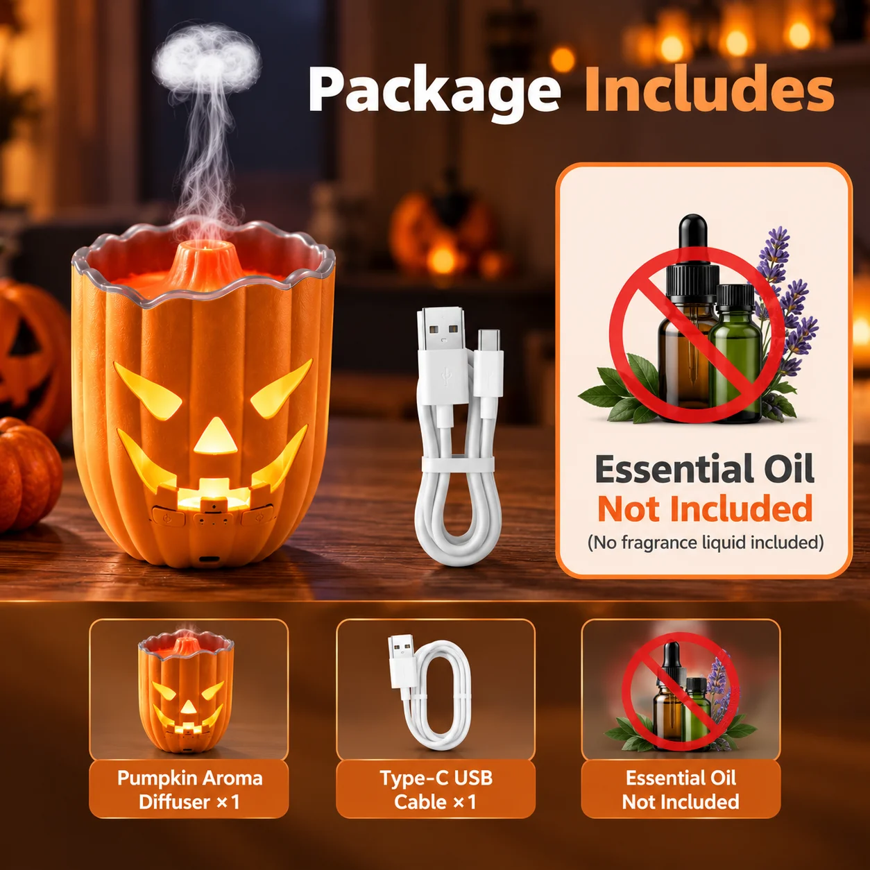Halloween Pumpkin Aroma Diffuser, Ultrasonic Mist Humidifier with Jellyfish Smoke Ring Mode, 7-Color Ambient Light, 5V/2A USB Ty