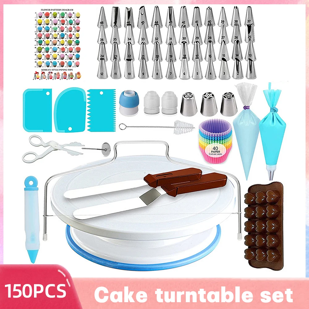 150/200PCS Rotating Anti-slip Cake Decorating Turntable Set Pastry  Reusable Silicone Pastry Bag Stainless Steel Piping Nozzle