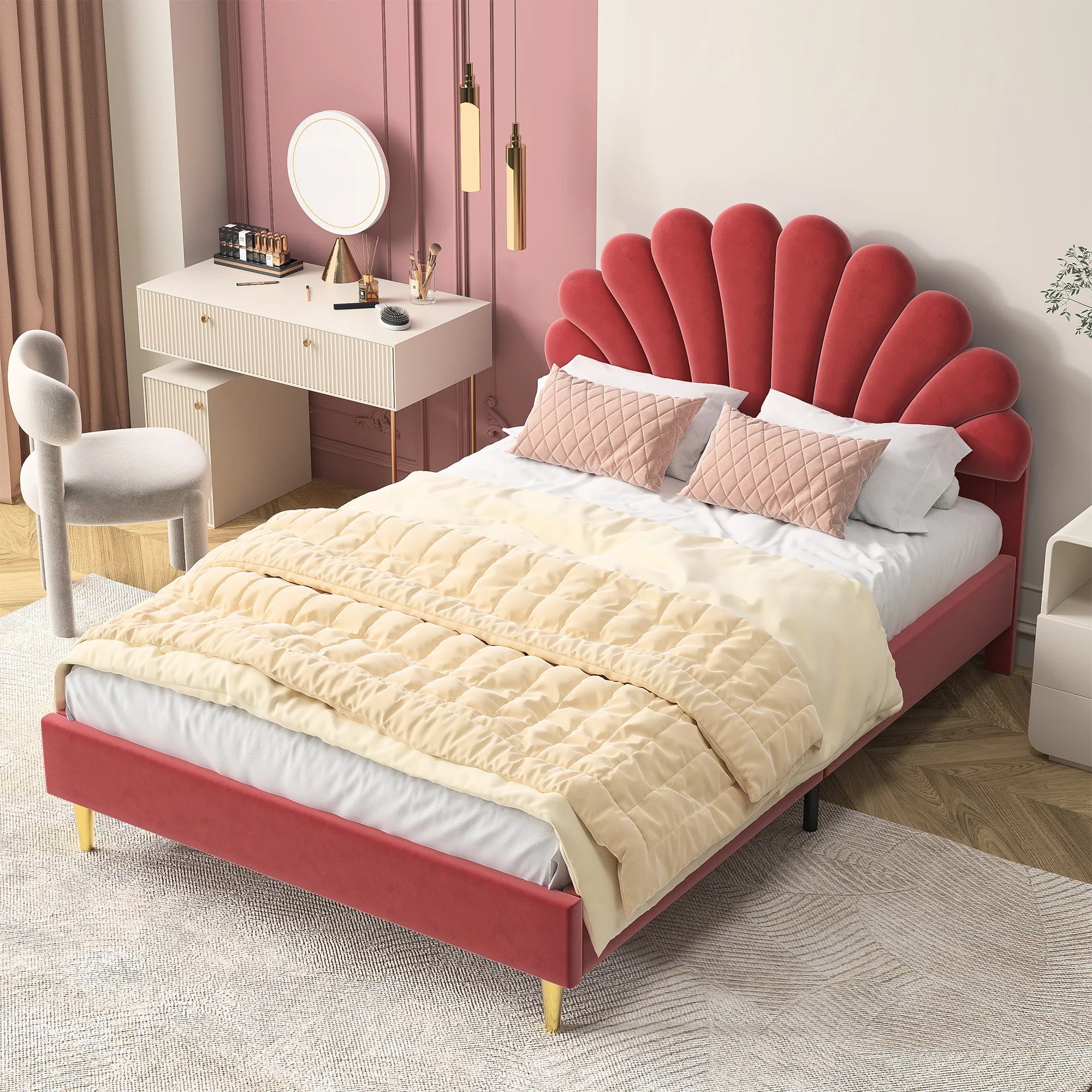 Letto per bambini Comanlai, 140 x 200 cm, letto imbottito, letto matrimoniale con testiera a forma di petalo, letto per bambine, senza materasso, in velluto, colore rosso vino.