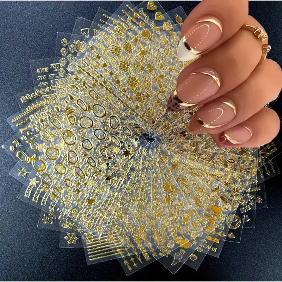 30 Sheets 3D Golden Nail Art Stickers - Self-Adhesive Decals With Stars, Leaves, Hearts & Snowflakes For Acrylic Nails - Shiny Golden Line Designs For Women, Easy Application, Perfect For Home Or Professional Use