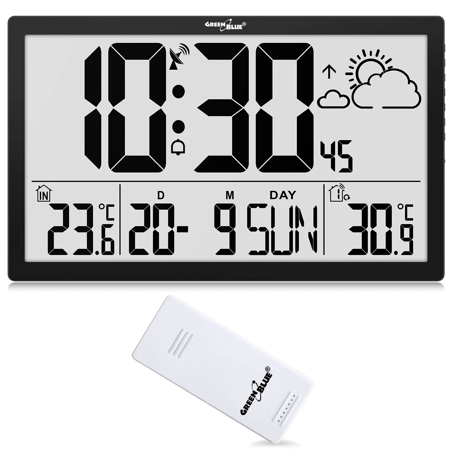Grote wandklok LCD-weerstation GroenBlauw Thermometer Temperatuur Datum 370x225mm GB218