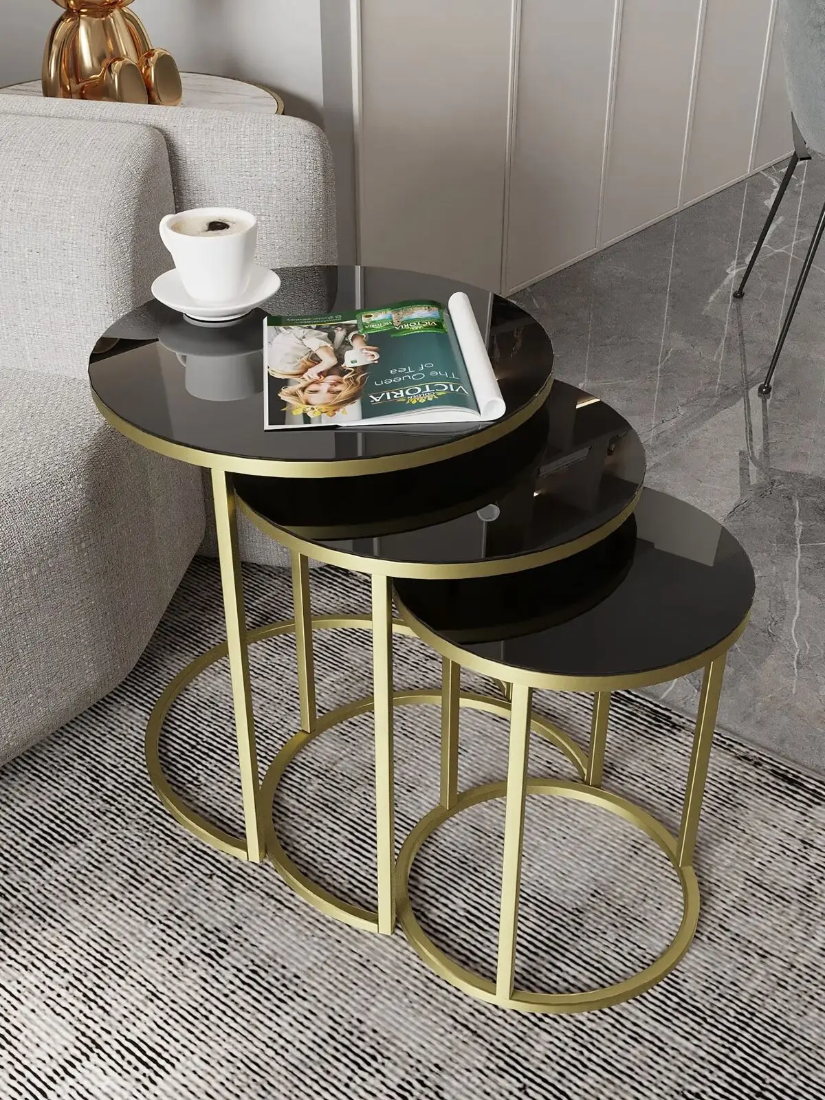 Modern Scandinavian Gold Metal Legs 3-L Zigon Coffee Table With Unbreakable Tamper Living Room Side Tops with Glass and Wood Models Stylish Service