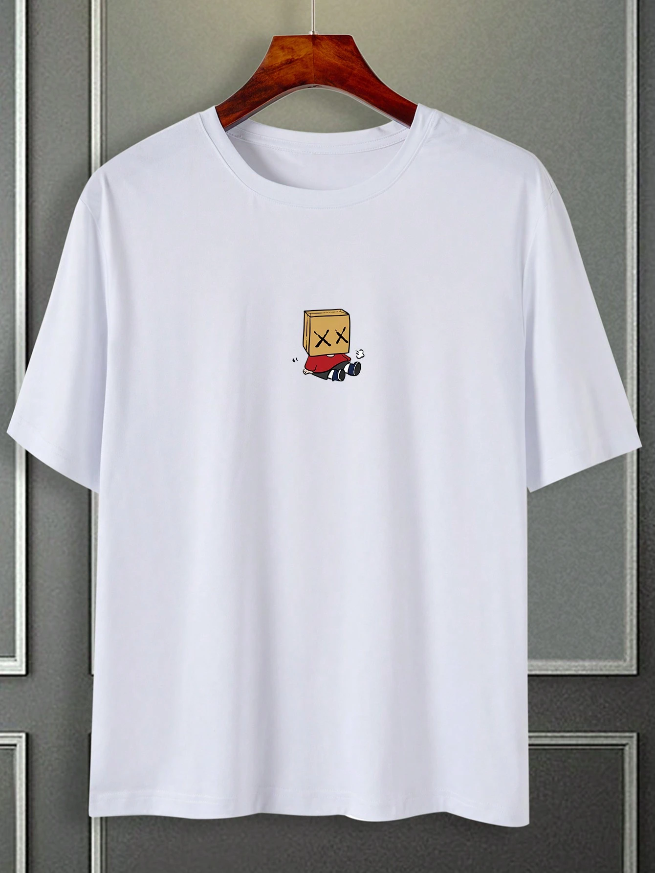Men Summer Cute Cartoon Printed Round Neck Short Sleeve Casual T-Shirt, Boyfriend Gift, For Going Out, White Graphic Tee