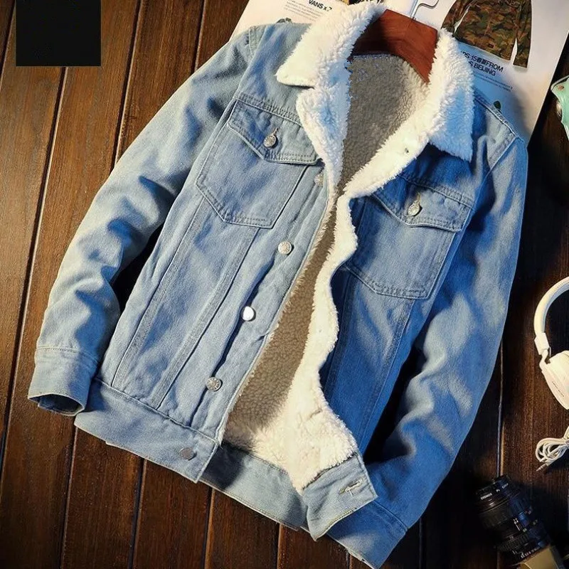 Winter Warm Denim Coats Men Light Blue  Jean Jackets Outerwear Fleece New Mens Large Size Wool Liner Thicker Black Denim Jackets