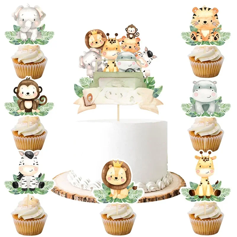 Décoration de gâteau joyeux anniversaire animaux de la Jungle, décorations de gâteau d'anniversaire pour thème Animal, fournitures de fête prénatale d'anniversaire dans la Jungle