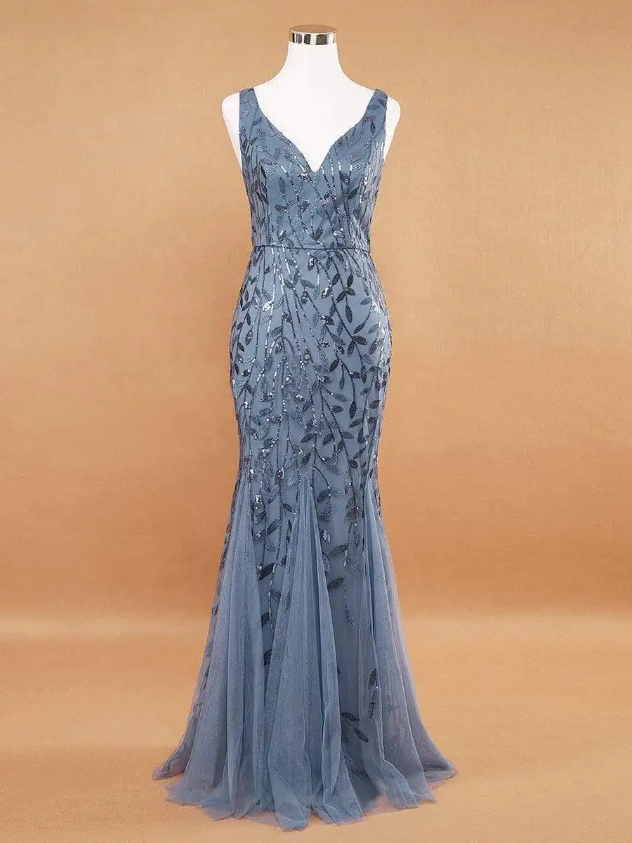 2023 Màu Xám Bạc Thời Trang Thanh Lịch Evening Dresses Sexy Đơn Giản V Cổ Áo Mở Lại Không Tay Thêu Hạt Đuôi Cá Ăn Mặc Gown