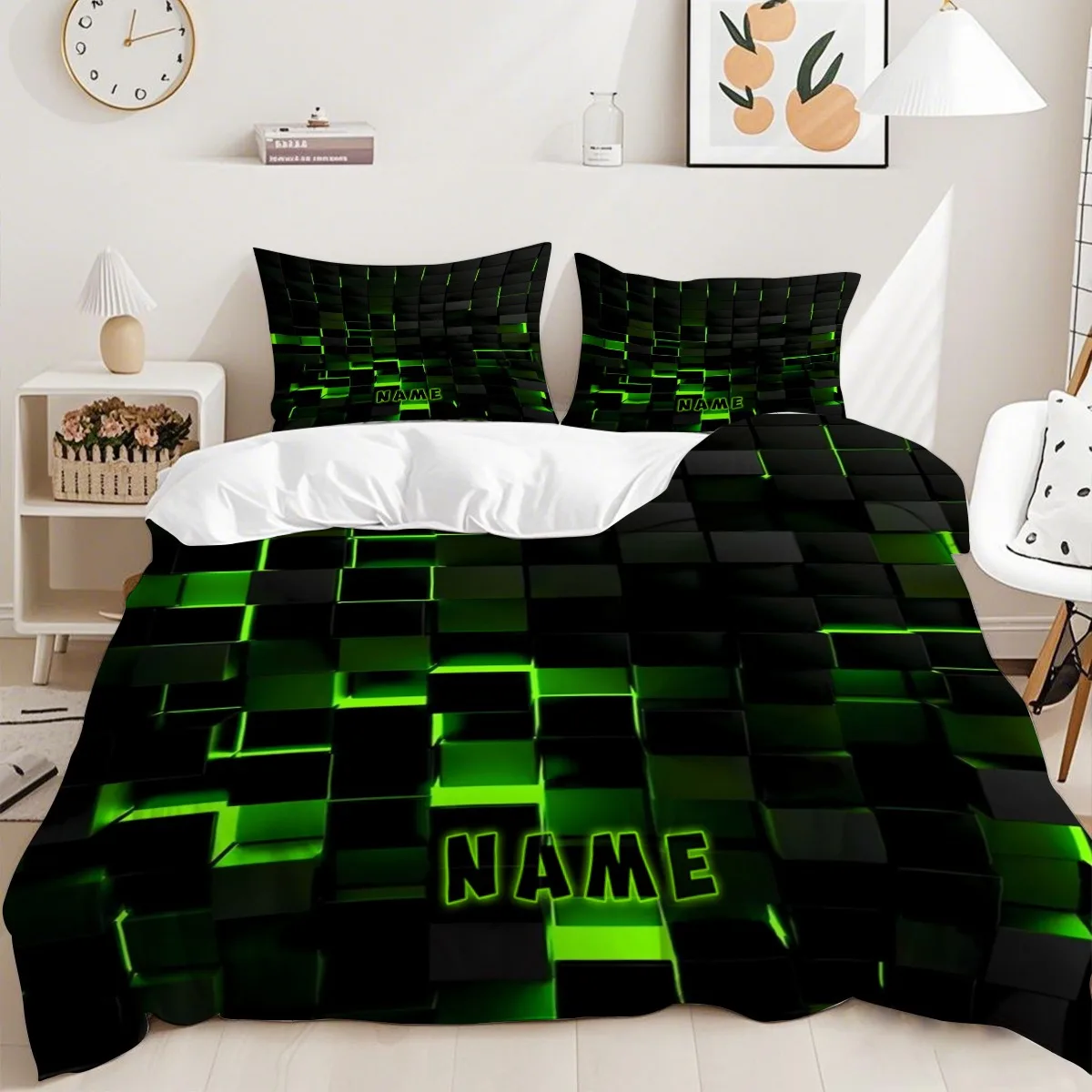 Green Pixel Block Print Bedding Set with a Futuristic Feel Breathable and Soft for All Seasons Durable Machine Washable