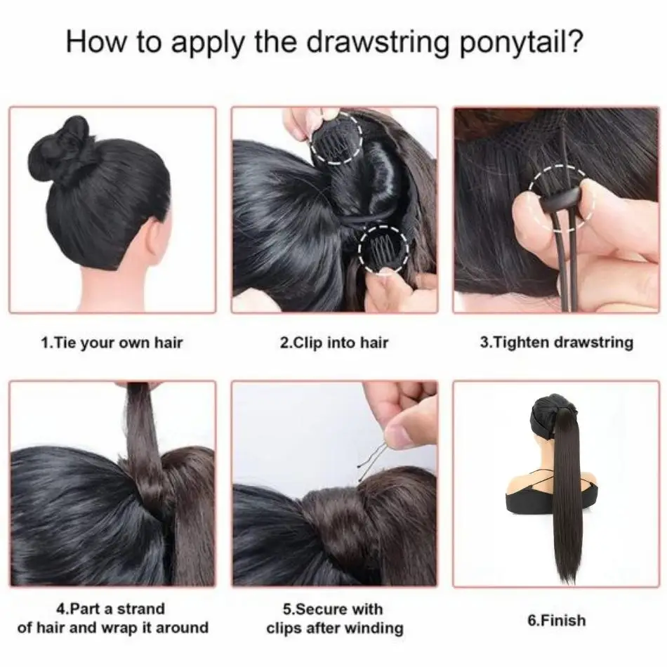 Straight Ponytail Remy Human Hair Clips in Brazilian Human Hair Extension Wrap Around Drawstring Head Wear Hairpiece Natural