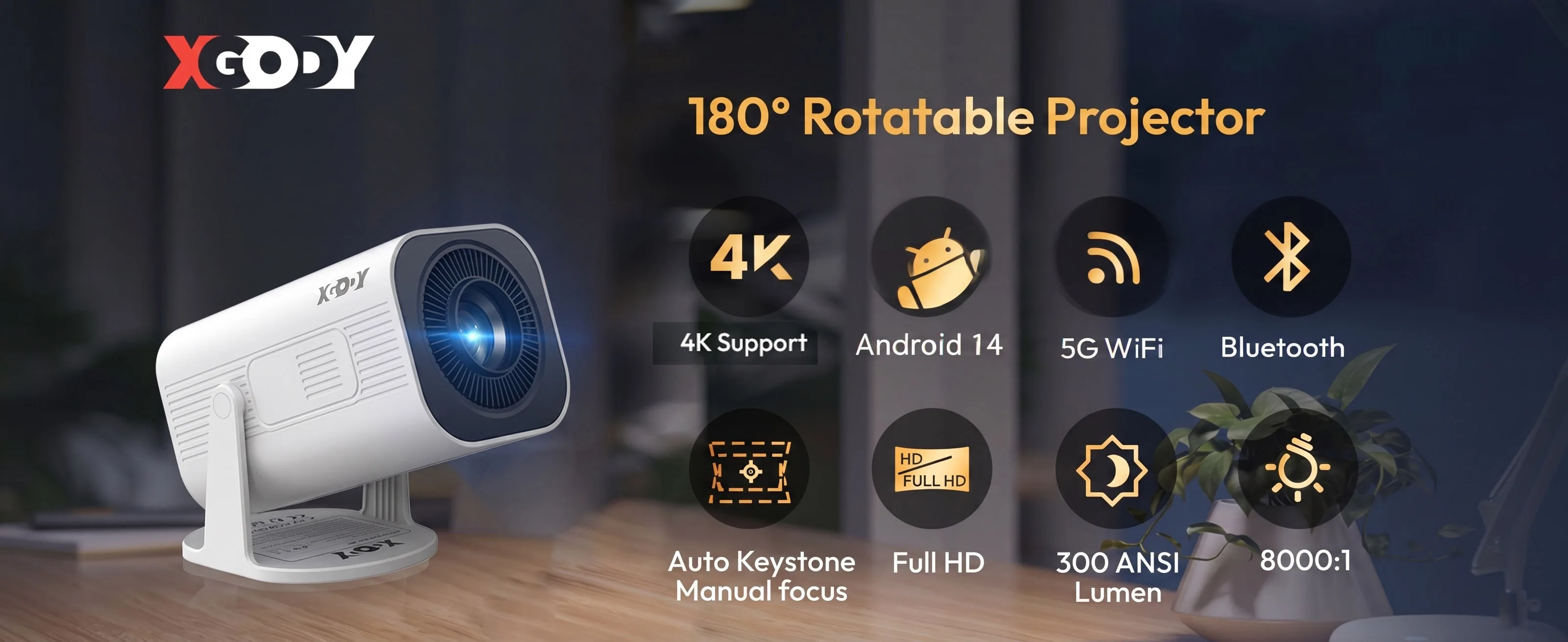 XGODY Projektor 4K Wifi6 Android 14.0 Beamer ​300 ANSI Dual WIFI BT5.4 1280 * 720P Heimkino Outdoor tragbar – Detail 1