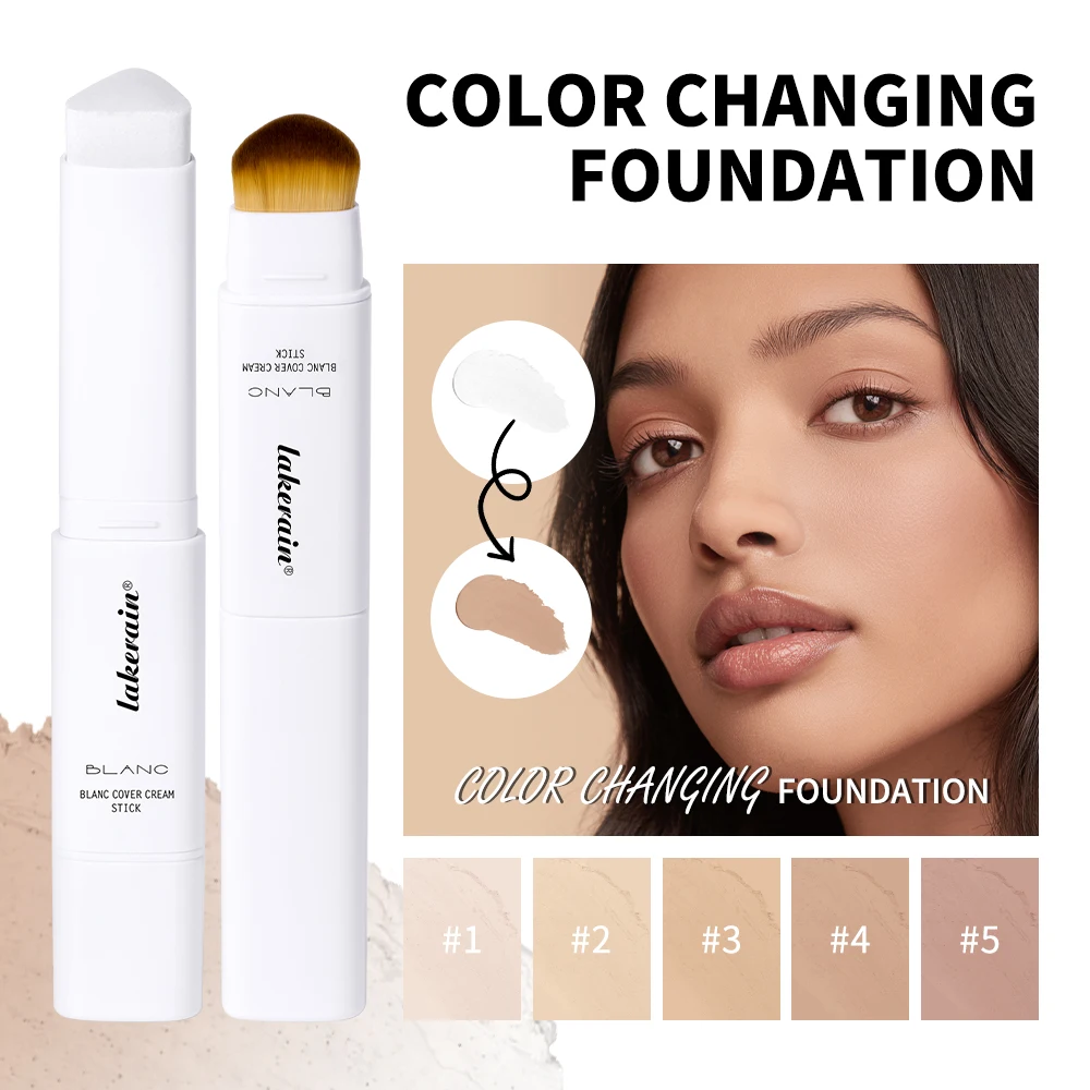 Lakerain Color Changing Foundation Stick Full Coverage Matte Finish Dual-Ended Brush & Stick Waterproof Smooth Foundation Makeup