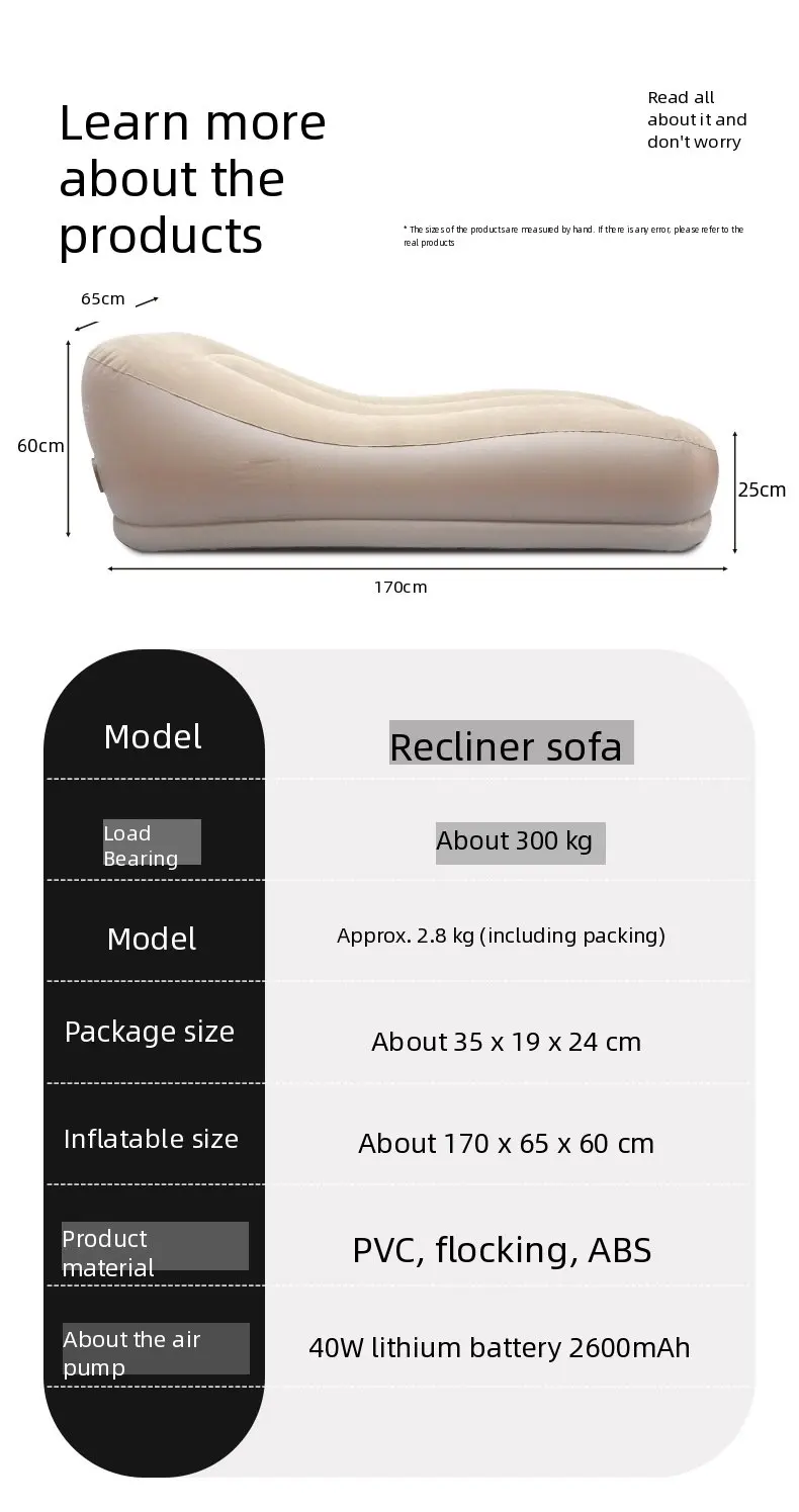 Self Inflating Lazy Sofa Portable Camping Air Couch with Carry Bag Thickened Flocked Outdoor Lounger for Beach Picnic Hiking