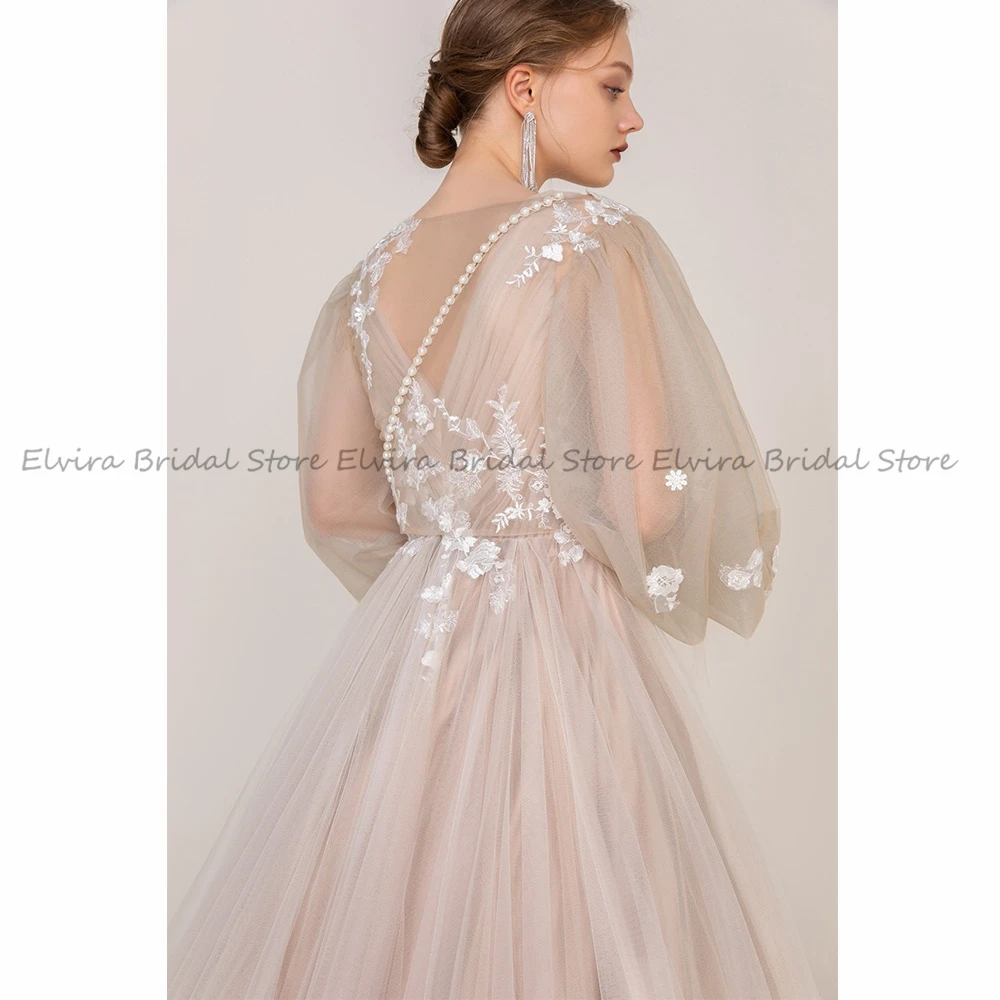 Customized Romantic 2023 A-Line Tulle Wedding Dresses with Long Sleeve Court Train Jewel Zipper Back Applique for Bridal Vestido