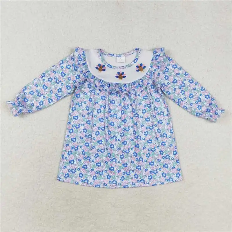 Thanksgiving Day Fashion Baby Girls Embroidered Turkey Teal Floral Long Sleeve Dress Wholesale Boutique Children Clothing Skirt