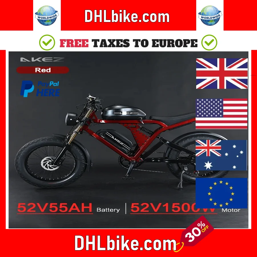 

2025 AKEZ 52V 1500W Ebike Aluminum Alloy Frame 20'' Off-Road Tires Long Range with 55Ah Dual Battery Electric Motorcycle city bi