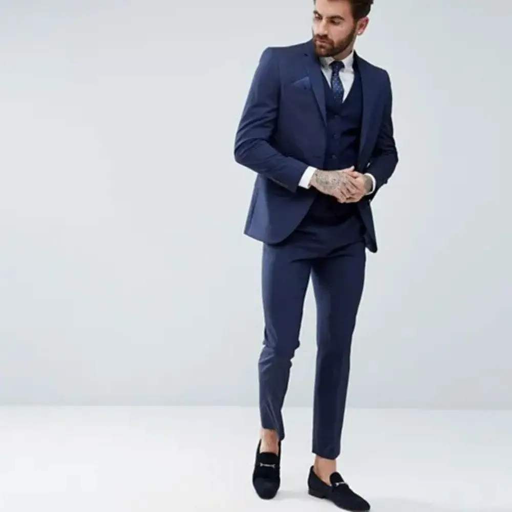 Slim Fit 2 botões terno de lapela formal masculino, azul royal, smoking de casamento, terno de padrinhos, jaqueta, colete, calças