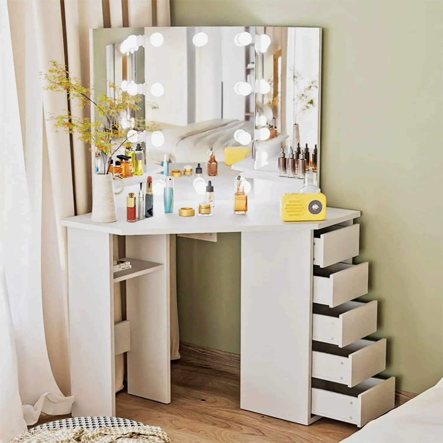 Corner Makeup Vanity Desk with Mirror and Lights, Bedroom Vanity Table with Lighted Mirror 5 Drawers and Storage Shelf for Women