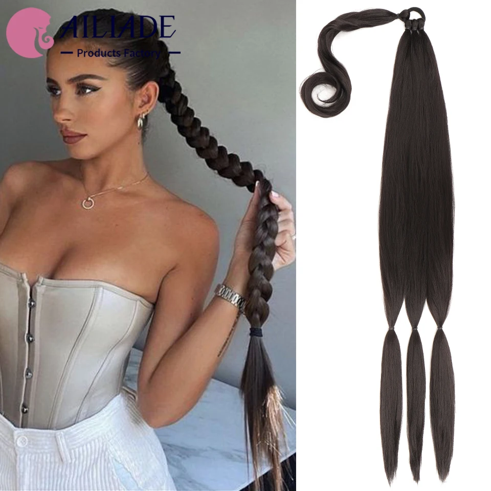 

AILIADE Synthetic Long Braided Ponytail Hair Extensions for Women Black Brown Pony Tail with Hair Rope High Temperature Fiber