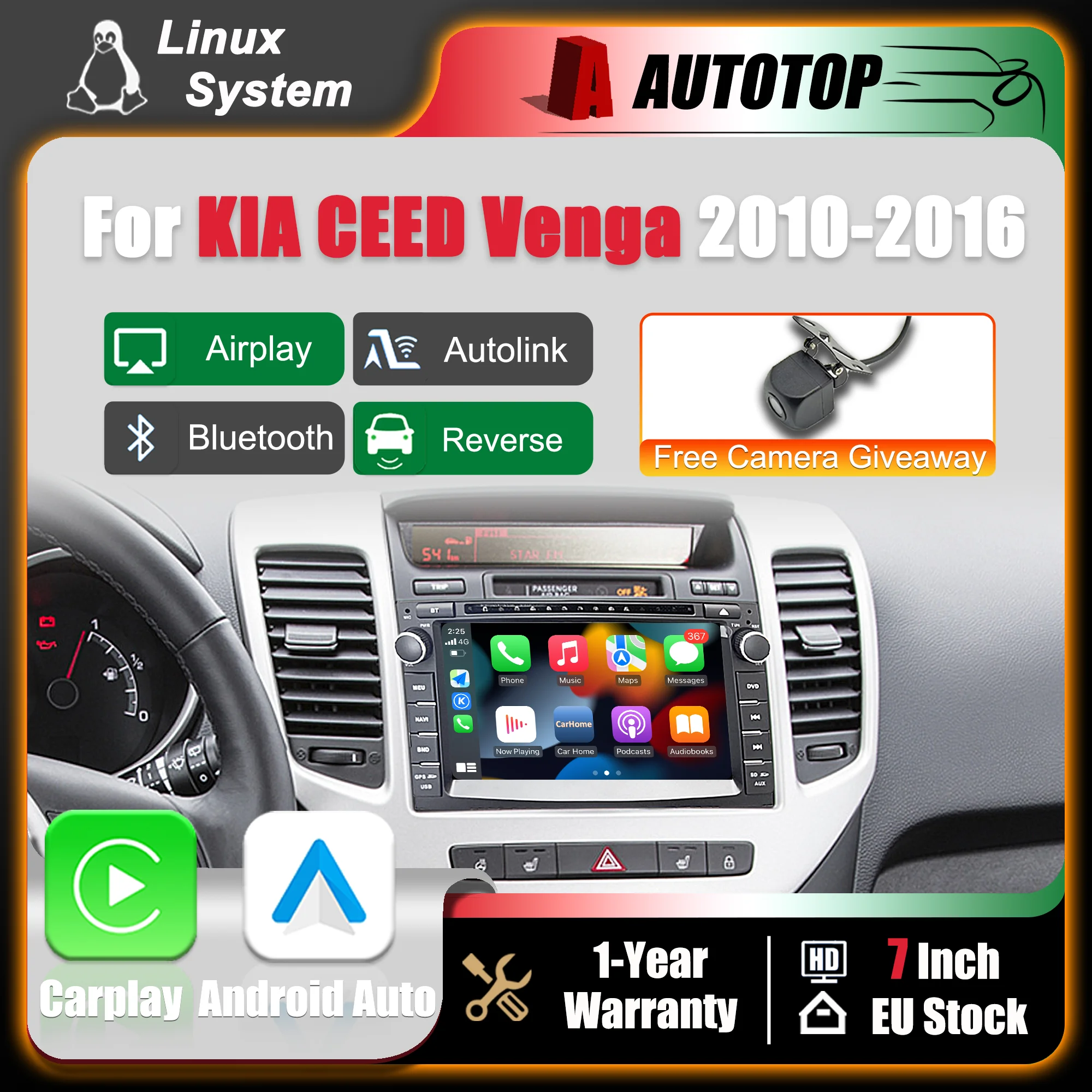 Schermo multimediale Linux da 7 pollici con CarPlay e Android Auto wireless per KIA CEED Venga 2010-2016, navigazione GPS Bluetooth, telecamera per retromarcia DSP, autoradio con funzione di