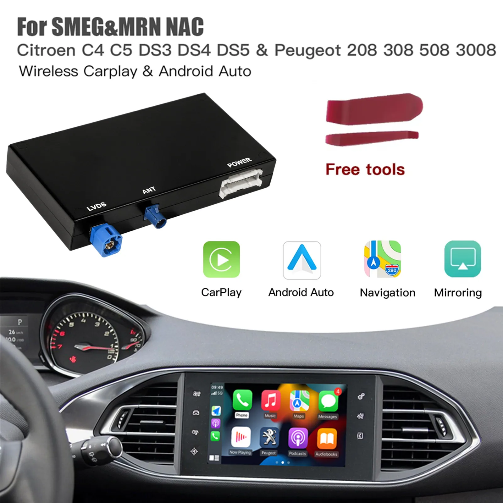 Carabc caixa carplay sem fio para peugeot citroen smeg smeg + picasso c4 c5 ds4 ds3 308 508 208 3008 android auto airplay módulo