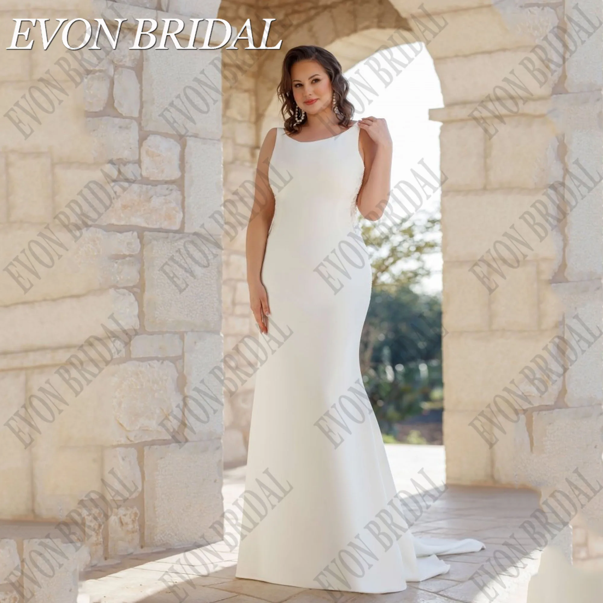 

EVON BRIDAL Satin Mermaid Wedding Dresses Plus Size Women Appliques Scoop Neck Sleeveless Bridal Dress Customized Bride Gowns