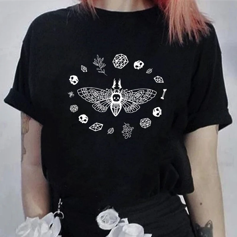 

gothic dead head moth tshirt aesthetic women short sleeve grunge goth tee shirt top